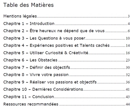 Vivre ses passions: table des matires